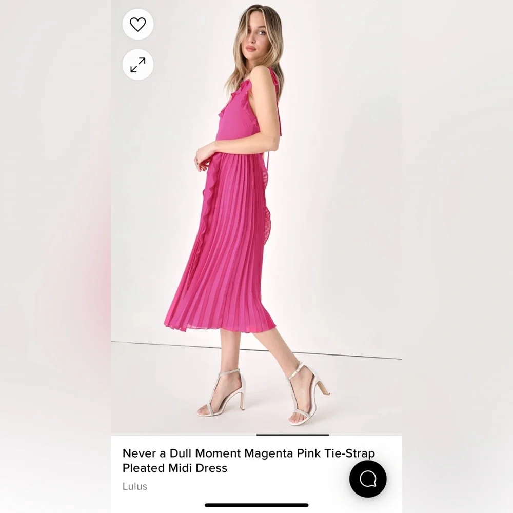 Lulus XL MAGENTA PINK TIE-STRAP PLEATED MIDI DRESS - Picture 4 of 4